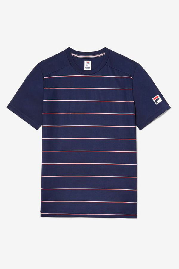 Camisetas Fila Homem Azul Marinho/Listrada - Fila Striped Sleeve Tennis En Portugal,QLUZ-76205